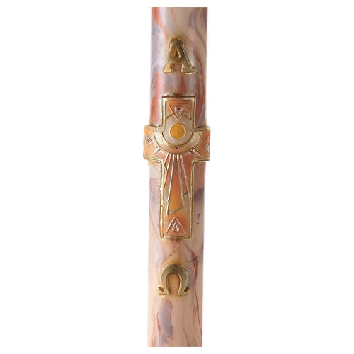 Paschal candle with orange-white marble finish, squared cross, Alpha and Omega, 120x8 cm 1