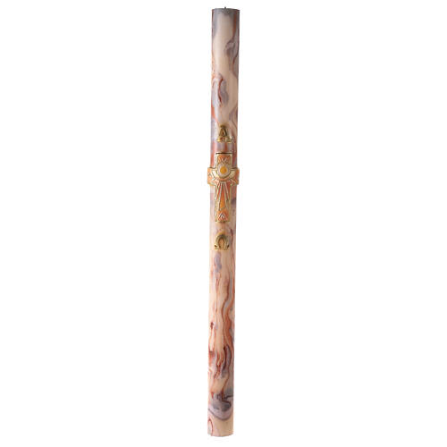 Paschal candle with orange-white marble finish, squared cross, Alpha and Omega, 120x8 cm 2