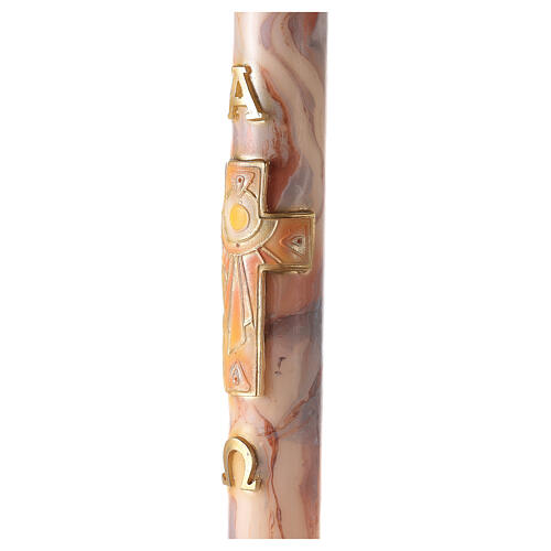 Paschal candle with orange-white marble finish, squared cross, Alpha and Omega, 120x8 cm 4