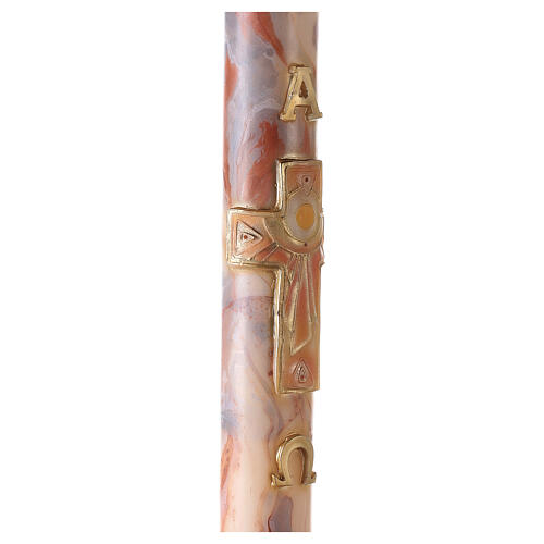 Paschal candle with orange-white marble finish, squared cross, Alpha and Omega, 120x8 cm 5