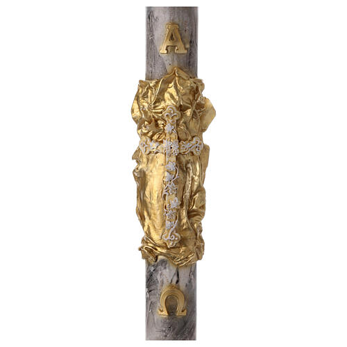 Círio Pascal marmoreado Cruz Pano dourado e letras Alfa e Ómega, 120x8 cm 8
