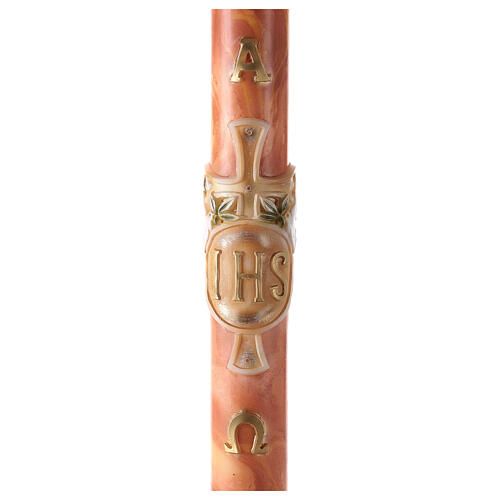 Paschal candle with JHS and cross on orange marble finish 120x8 cm 1