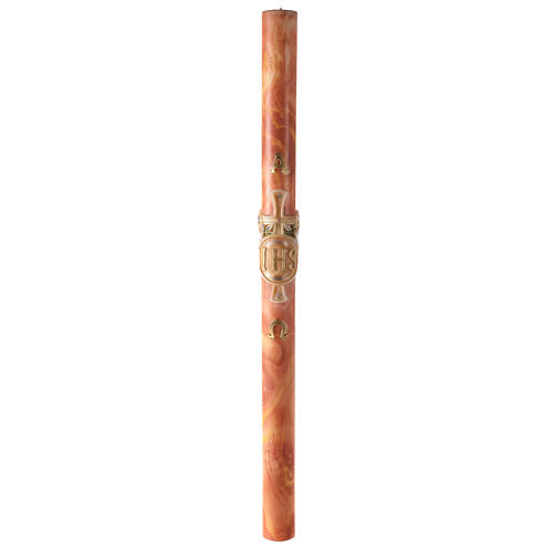 Paschal candle with JHS and cross on orange marble finish 120x8 cm 2