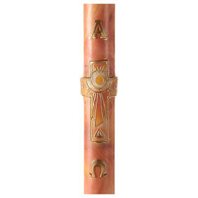 Paschal candle with Alpha, Omega and cross with sun on orange marble finish 120x8 cm
