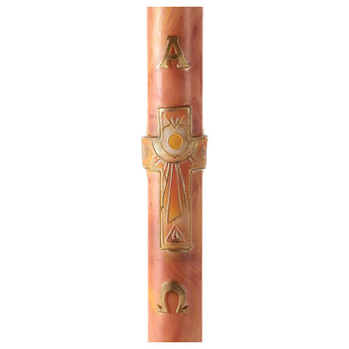 Paschal candle with Alpha, Omega and cross with sun on orange marble finish 120x8 cm 1