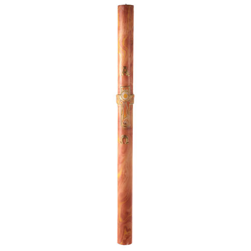 Paschal candle with Alpha, Omega and cross with sun on orange marble finish 120x8 cm 2