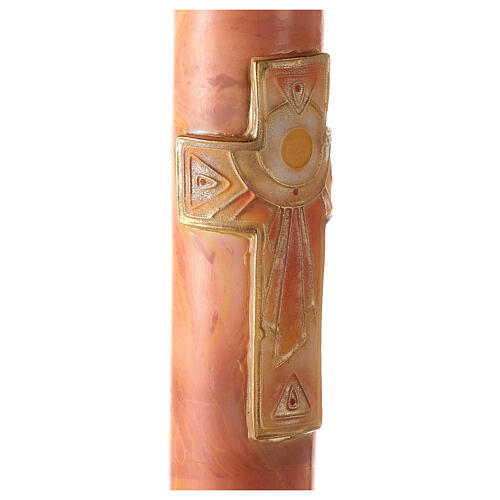 Paschal candle with Alpha, Omega and cross with sun on orange marble finish 120x8 cm 3