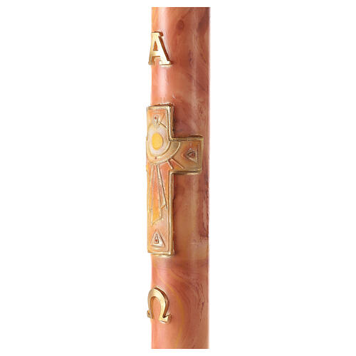 Paschal candle with Alpha, Omega and cross with sun on orange marble finish 120x8 cm 4