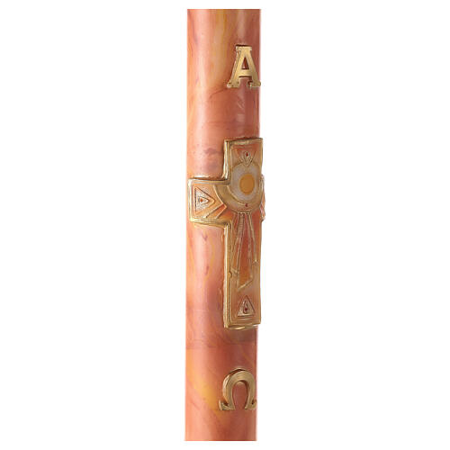Paschal candle with Alpha, Omega and cross with sun on orange marble finish 120x8 cm 5