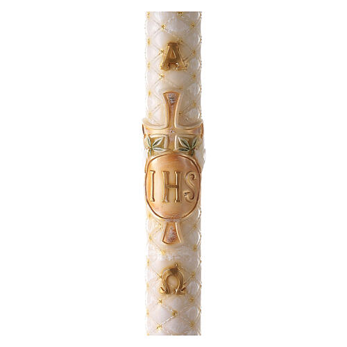 Paschal candle with matelassé finish, JHS and cross, 120x8 cm 1