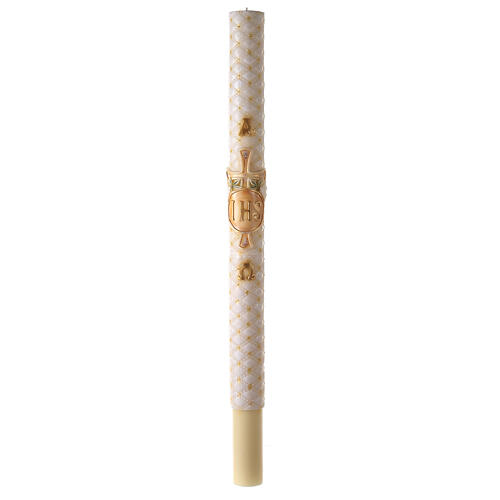 Paschal candle with matelassé finish, JHS and cross, 120x8 cm 2