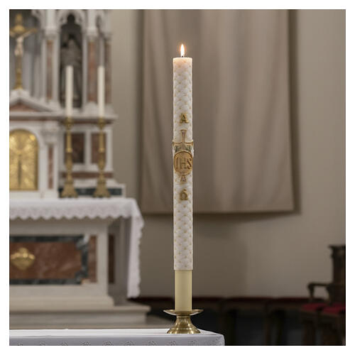 Cierge pascal motif matelassé JHS croix 120x8 cm 2