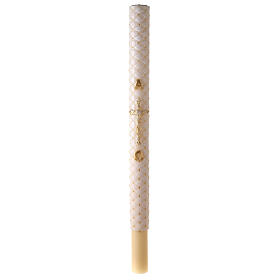 Paschal candle with matelassé finish, Alpha, Omega and golden cross, 120x8 cm