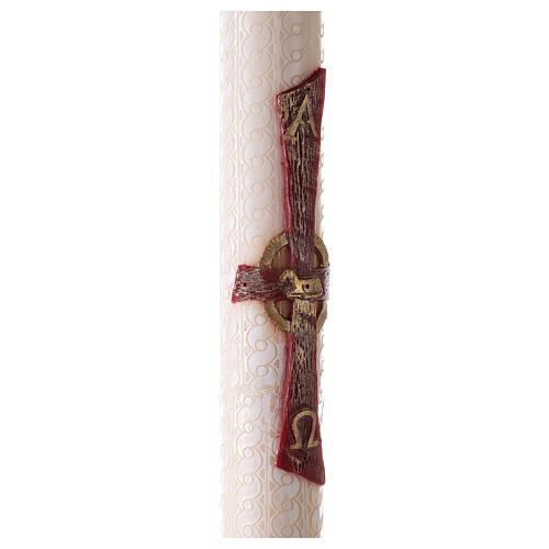 Osterkerze, Alpha und Omega, rotes Kreuz, Lamm, weiß verziert, 120x8 cm 5