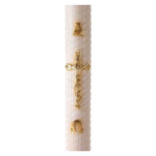 Osterkerze, Alpha und Omega, goldenes Kreuz, weiß verziert, 120x8 cm 1
