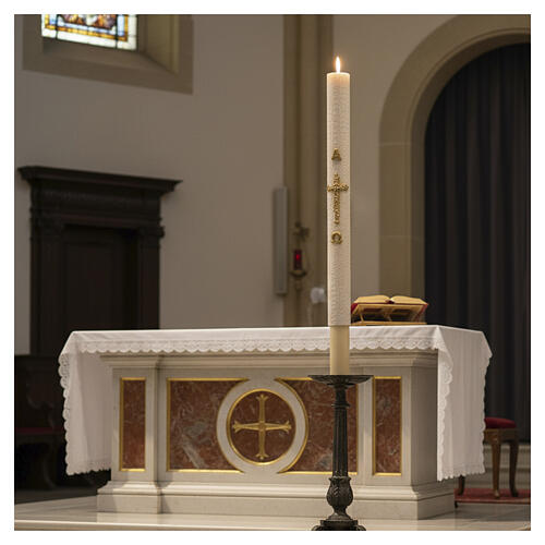 Paschal Candle Alpha Omega golden cross white embroidery pattern 120x8 cm 2