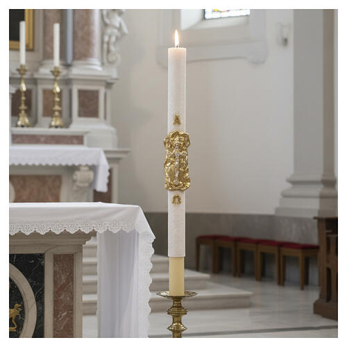 Paschal Candle Alpha Omega golden mantle and white embroidered cross 120x8 cm 2