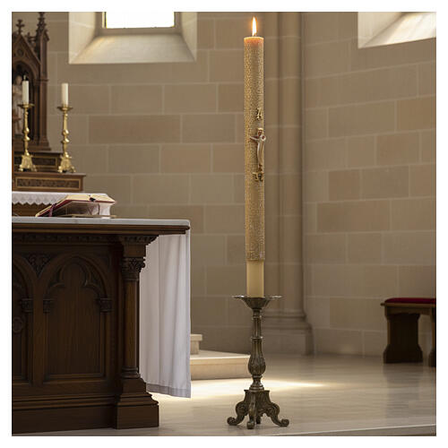 Paschal candle with vegetal carved pattern, modern cross with Alpha and Omega, 120x8 cm 2