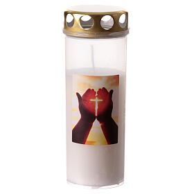 Grablicht - Motivkerze, Hände, die ein leuchtendes Kreuz umschließen, weiß, mit goldfarbenem Wind- und Regenschutz aus Metall
