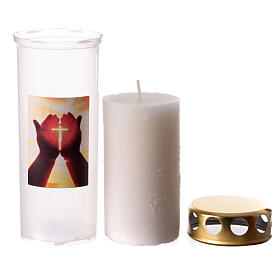 Wax votive candle with waterproof lid, hands and cross
