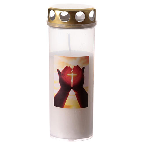 Wax votive candle with waterproof lid, hands and cross 1