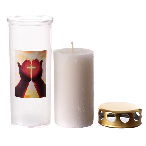 Wax votive candle with waterproof lid, hands and cross 2