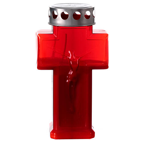 Bougie votive croix cire paraffine rouge avec protection pluie 1