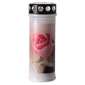 White votive candle with pink rose, waterproof lid, paraffin wax