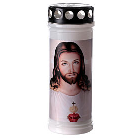 White votive candle with Sacred Heart image, waterproof lid, paraffin wax