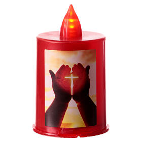 batteriebetriebenes Grablicht, rot, mit rotem Flackerlicht, Motivaufkleber, Hände, die ein leuchtendes Kreuz umschließen, 60 Tage Brenndauer