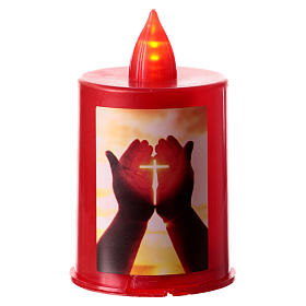 Red LED votive candle with hands and cross image, 60 days
