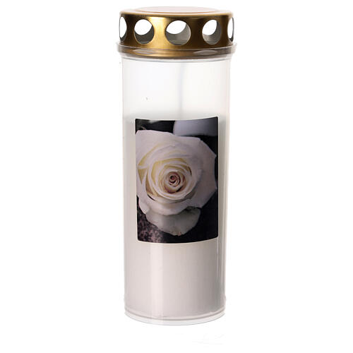 Weiße Kerze mit Rosenbild 2 Tage Brenndauer 1