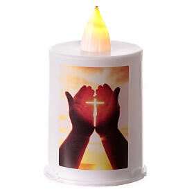 White LED votive candle with hands and cross image, 60 days