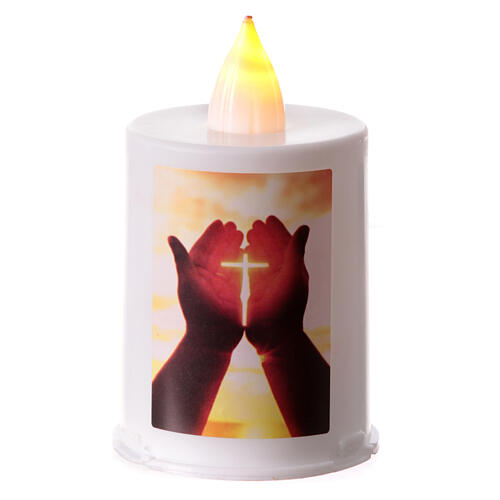 White LED votive candle with hands and cross image, 60 days 1