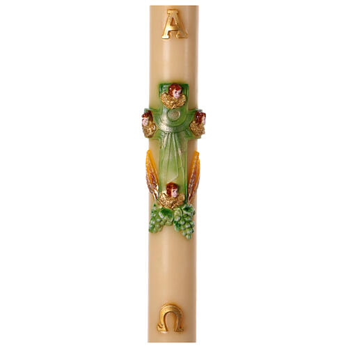 Osterkerze, grünes Kreuz mit Weizenähren, Trauben und Engeln, Alpha und Omega, 120 cm 1