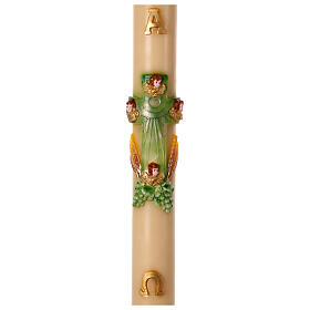 Paschal candle with green cross with angels, grapes and wheat, 47 in