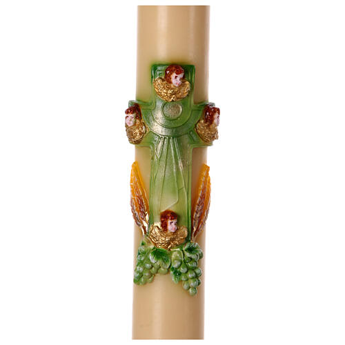 Paschal candle with green cross with angels, grapes and wheat, 47 in 3