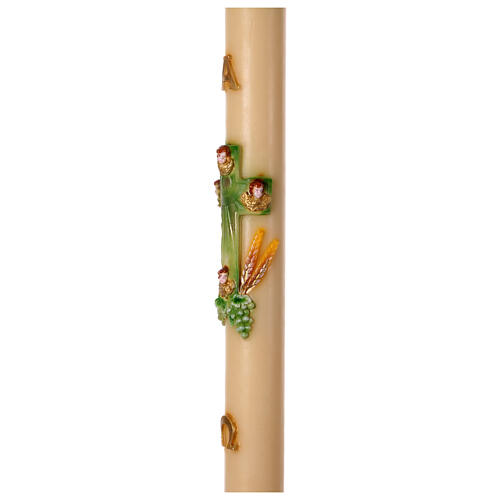 Paschal candle with green cross with angels, grapes and wheat, 47 in 4