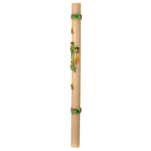 Paschal candle with green cross with angels, grapes and wheat, 47 in 5