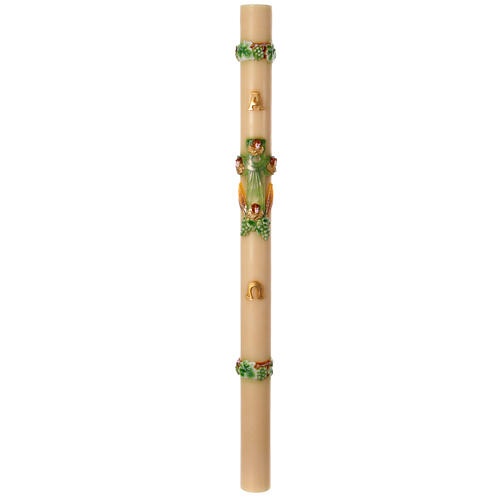 Paschal candle with green cross with angels, grapes and wheat, 47 in 4