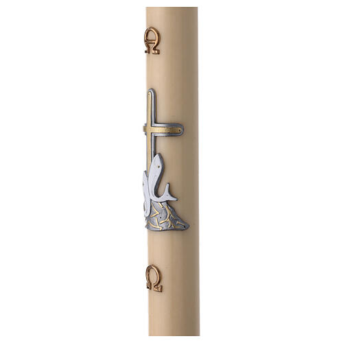 Beeswax Paschal candle with fishes over golden cross, 3x47 in 3