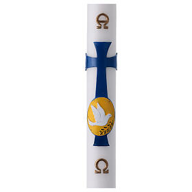 Weiße Osterkerze, Motiv blaues Kreuz und Taube, 8x120 cm 