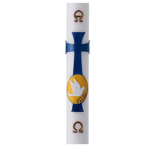 Weiße Osterkerze, Motiv blaues Kreuz und Taube, 8x120 cm  1