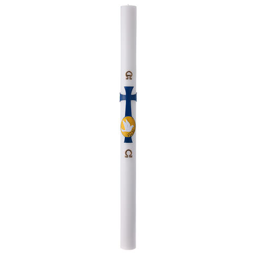 Weiße Osterkerze, Motiv blaues Kreuz und Taube, 8x120 cm  2
