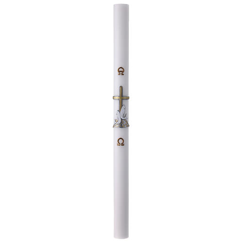 Paschal candle, white wax, 3x47 in, fishes over golden cross 2