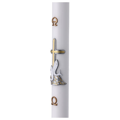 Paschal candle, white wax, 3x47 in, fishes over golden cross 3