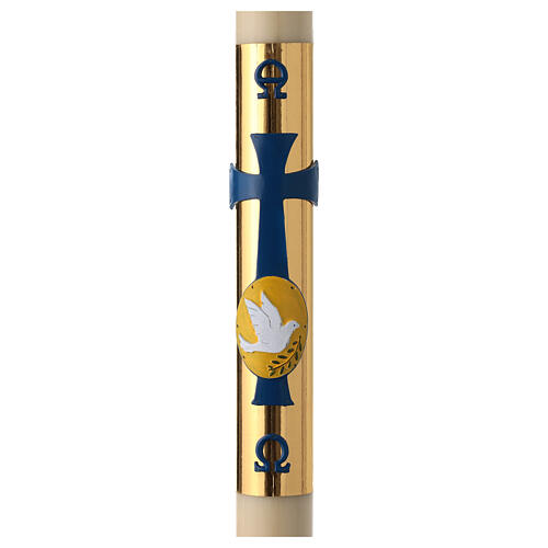 Beeswax Paschal candle, 3x47 in, dove over blue cross and golden background 1