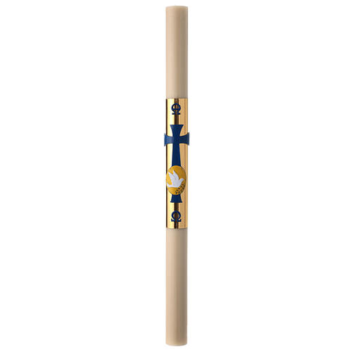 Beeswax Paschal candle, 3x47 in, dove over blue cross and golden background 2