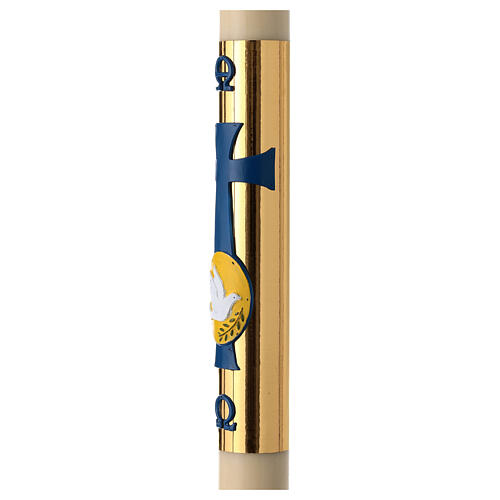 Beeswax Paschal candle, 3x47 in, dove over blue cross and golden background 3