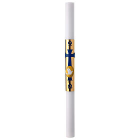 White Paschal candle, 3x47 in, dove over blue cross and golden background